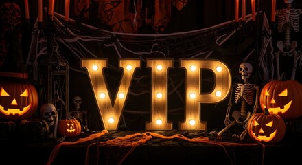 Marquee style “VIP” letter sign with glowing bulbs. Halloween event decoration with pumpkins, spiderweb, skeletons. Dark party ambiance.