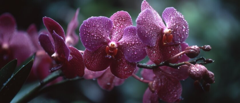 Captivating purple orchids adorned with sparkling raindrops, juxtaposed against a blurred natural background, creating an impression of elegant serenity.