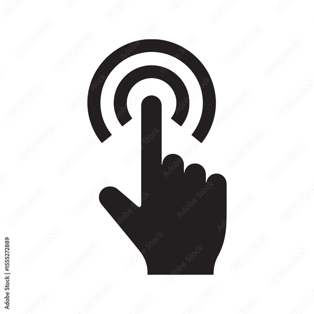 Poster hand touch icon with a finger tapping a circle representing a click on a touchscreen interface for a