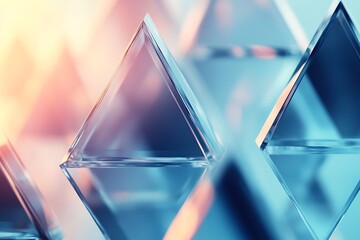 Abstract close up of shimmering geometric glass pyramids with soft light and bokeh effects
