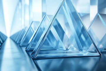 Abstract geometric pattern of transparent blue pyramids in a futuristic architectural space