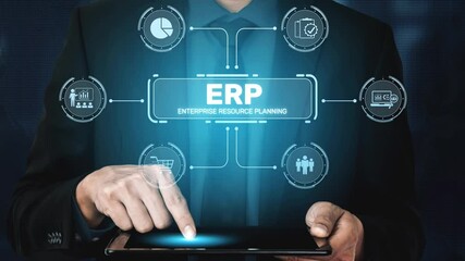ERP platform visual showing centralized system for enterprise resource planning, improving integration, data flow, business efficiency, finance, inventory, and human resources. Muxer - Powered by Adobe