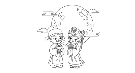 Charming cartoon couple in traditional chinese attire with a full moon isolated on transparent background