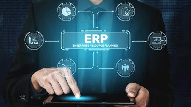 ERP platform visual showing centralized system for enterprise resource planning, improving integration, data flow, business efficiency, finance, inventory, and human resources. Muxer - Powered by Adobe