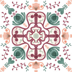 Watercolor decorative colorful ornament on isolated background. Symmetric seamless batik floral mandala tribal ethnic pattern for fabric textile card wallpaper