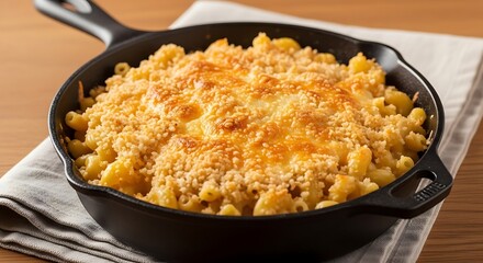 Creamy, cheesy macaroni and cheese baked to golden perfection in a cast iron skillet, ready to serve.