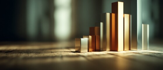 Obraz premium Geometric glass sculptures in golden hues stand on a wooden floor, casting intricate shadows in soft, dappled light.