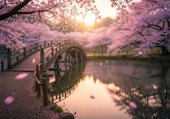 Obraz premium A picturesque wooden bridge over a pond, surrounded by stunning pink cherry blossoms illuminated by the golden light of a sunset. Falling petals enhance this serene, dreamlike spring scene.