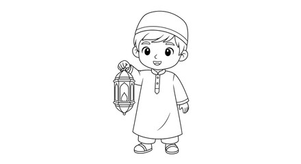 Cute muslim boy holding a ramadan lantern isolated on transparent background