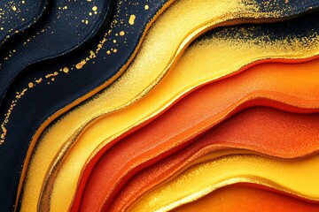 Abstract flowing waves of black gold and orange textures with sparkling glitter