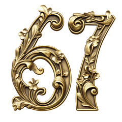 Ornate Gold Numbers 67 With Floral Scrollwork on Transparent Backdrop