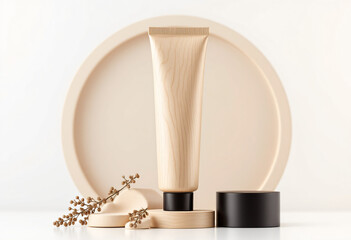 wooden cosmetic tube with a sleek black lid