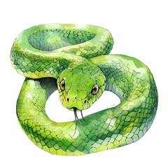 watercolor of Smooth Green Snake, vector, isolated on a white background.