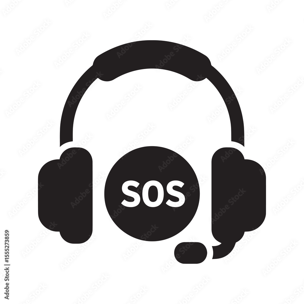 Poster sos headset icon for an emergency call center operator representing a dispatch service for 911 or re