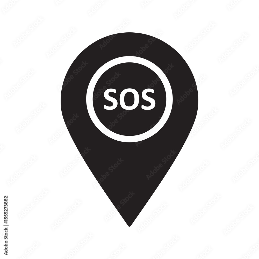 Poster sos location pin icon representing a distress signal on a map for an emergency location and a call f