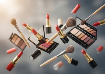 Various makeup products, including lipsticks, eyeshadow palettes, and brushes, levitating or falling dynamically against a soft, diffused background, symbolizing beauty and cosmetics.