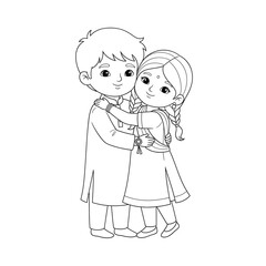 Cute cartoon indian boy and girl hugging each other isolated on transparent background