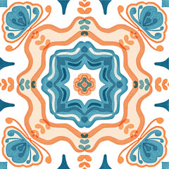 Watercolor decorative colorful ornament on isolated background. Symmetric seamless batik floral mandala tribal ethnic pattern for fabric textile card wallpaper