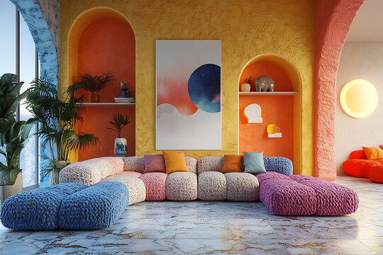 Interior design with modern sofa and colorful wall decor in a stylish living room space with arches and natural lighting for elegant modern home interior