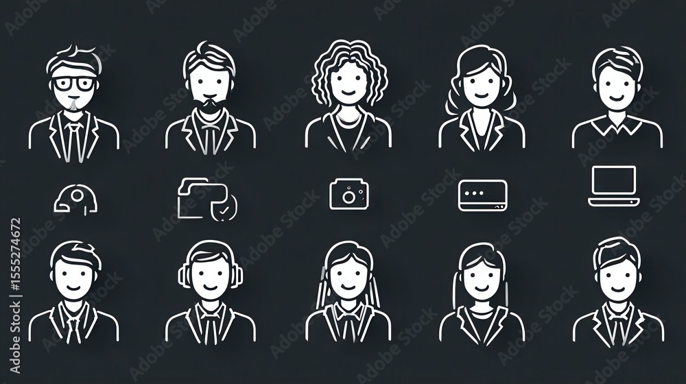 Poster outlined portraits and icons representing business and technology in a modern blue and gray color sc