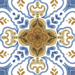 Watercolor decorative colorful ornament on isolated background. Symmetric seamless batik floral mandala tribal ethnic pattern for fabric textile card wallpaper