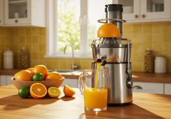  Fresh orange juice being squeezed in a modern juicer on a wooden kitchen counter with a bowl of citrus fruits, highlighting healthy lifestyle and fresh nutrition.