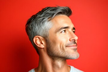 Obraz premium Red solid background. A relaxed and charming gentleman with a bright smile. Elegant men's layered waves haircut - midlife white man with grey hair. Creative artwork of style for aging men.