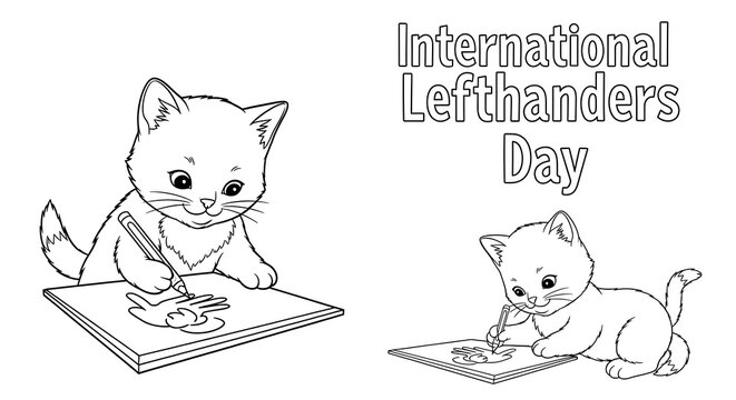 Cute kitten drawing a handprint for international left handers day isolated on transparent background