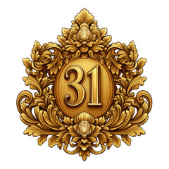Ornate Golden Emblem Featuring The Number 31 Against Transparent Background With Detailed Floral Elements And Elegant Design