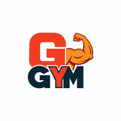 Monogram GYM logo with flexed biceps muscle strong fitness gym emblem vector design illustration
