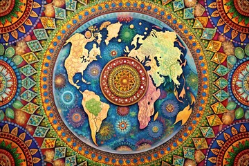 Fototapeta premium A vibrant circular mandala features a detailed world map at its center, surrounded by intricate patterns