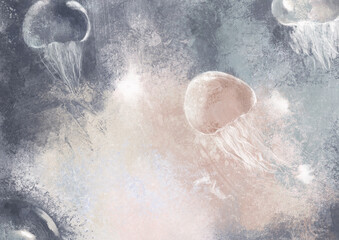 Underwater life illustration in acrylic style. Abstract jellyfish background. Sea life hand drawn art. Dreamlike underwater scene in muted colors.