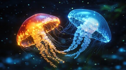 Naklejka premium Two bioluminescent jellyfish glowing in a dark underwater scene.