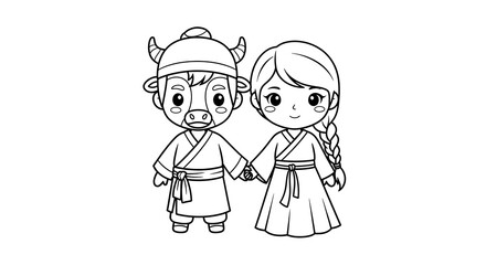 Cute cartoon boy with bull helmet and girl holding hands isolated on transparent background