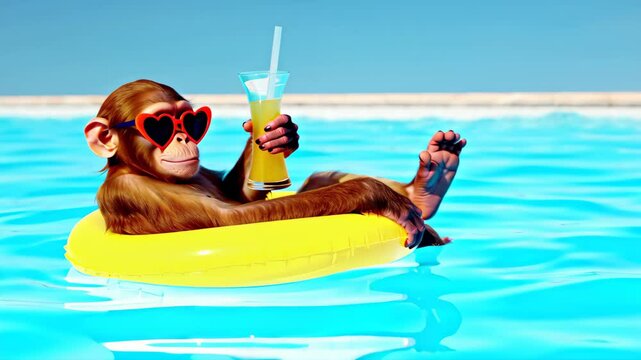 Funny monkey in heart-shaped sunglasses relaxes on a yellow float with juice in the pool, summer travel and vacation, creative tropical resort. Copy space for text
