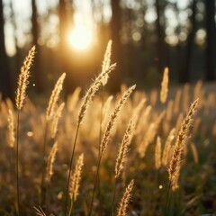 Fototapeta premium Golden Whispers: Sunlit Grass at Dusk