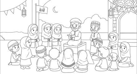 Islamic teacher reading to children in a classroom with decorations isolated on transparent background