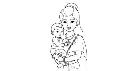 Fototapeta premium Cartoon mother holding her baby wearing traditional clothing isolated on transparent background