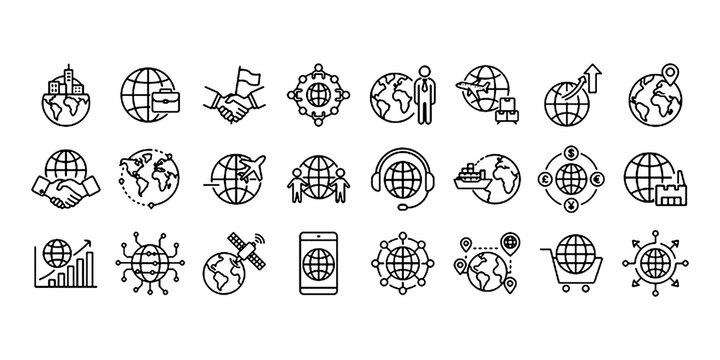 Global Business, International Trade line icon set. Vector pictograms of worldwide commerce, logistics, digital connectivity, supply chain, globalization thin linear illustration.