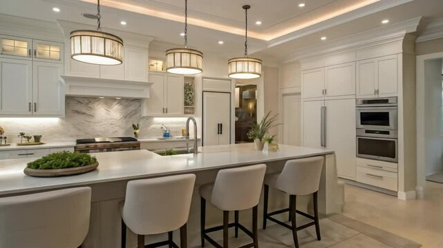 Luxury kitchen design ideas: modern white cabinets, kitchen island, lighting and open concept layout