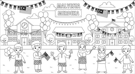 Fototapeta premium Happy malaysian children celebrating merdeka day with flags and balloons isolated on transparent background
