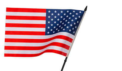 National flag of United States with black plastic post tilted forward and with curved canvas wriggling in wind is isolated on transparent background. Blank for holidays art works with clipped path