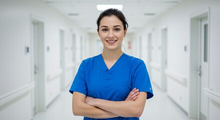 Confident Nurse in Blue Scrubs Smiles with Folded Arms in Hospital Hallway (1)
