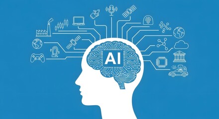 Stylized Artificial Intelligence Concept Illustration: Human Head Silhouette with Connected Icons Representing AI Applications in Blue Tech Background