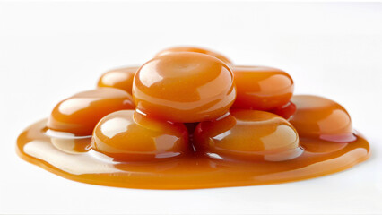 A group of caramel candies covered in sauce isolated on a white background. Suitable for illustrating dessert ingredients, confectionery, or sweet food concepts.