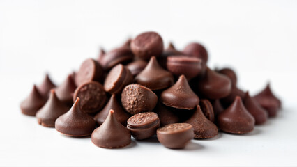 A group of sweet chocolate chips isolated on a white background. Suitable for illustrating baking ingredients or dessert concepts.