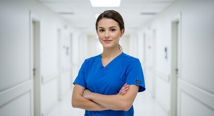 Confident Nurse in Blue Scrubs with Folded Arms in Bright Hospital Hallway