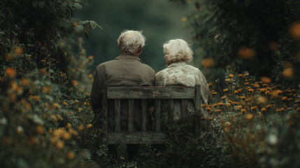 Elderly couple sitting on a wooden bench surrounded by vibrant flowers in a serene garden setting