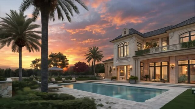 Luxury real estate sunset view: stunning mansion with pool, palm trees, and beautiful sky in florida