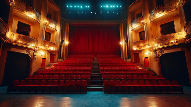 Interior view of elegant opera house with red velvet curtains and rows of plush seats awaiting performance